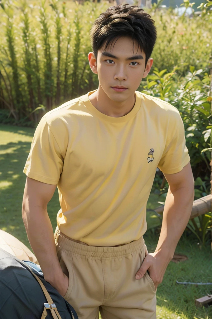 A handsome, muscular young Asian man looks at the camera. In a plain yellow t-shirt , Fieldside, grass, beach, sunlight