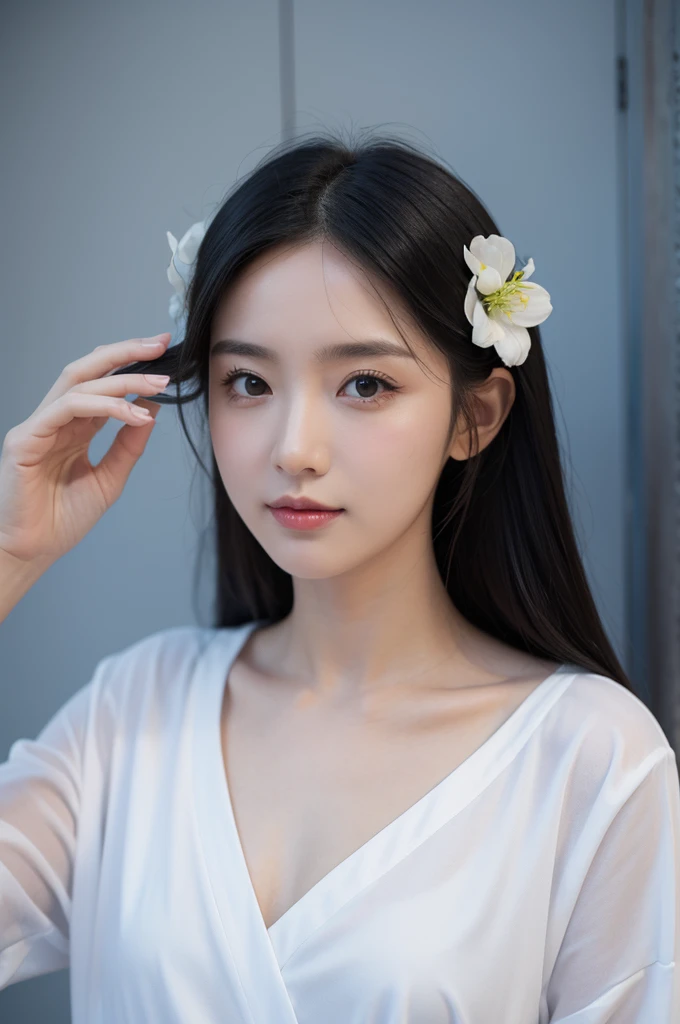 Beauty,Long hair,Black Hair,Black eyes,Ultra-clear,reality,a flower,Clean background。