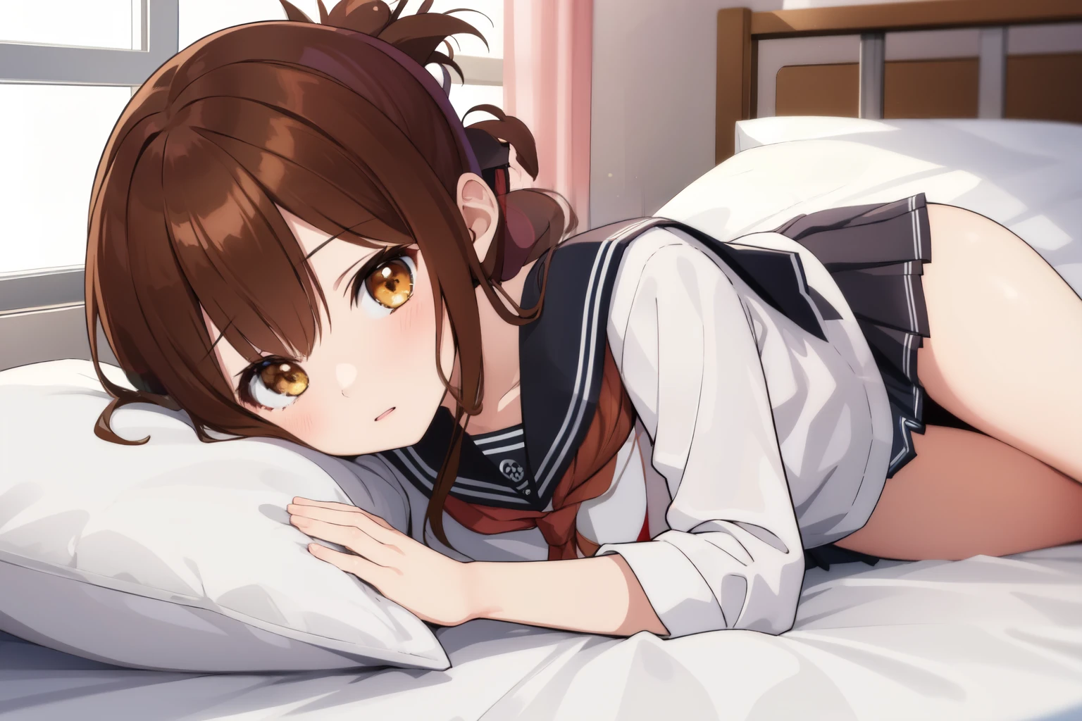 (masterpiece, best quality:1.2),illustration,8k,hd,1girl,solo,upper body,(portrait:1.2),brown_hair,folded_ponytail,brown_eyes,serafuku,long_hair,school_uniform,skirt,pleated_skirt,