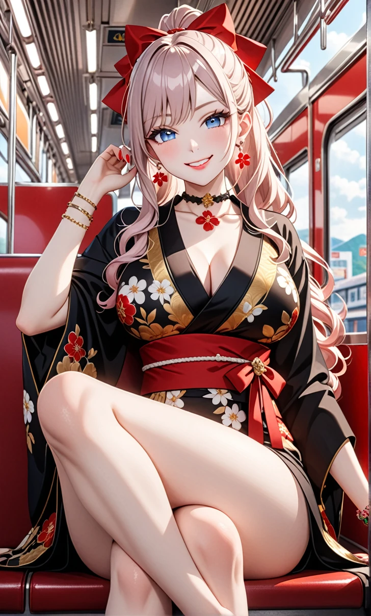 ultra-detailed, ((one girl)), (pale skin:1.4), in pastel colors gyaru, (heavy makeup), hyper detailed, absurdres, 8K, Beautiful Face, (blue eyes), (Laugh shyly), ((teasing smile:1.8)), ((Wink:1.6)), (Laugh with your mouth wide open),((Tilt your head:1.6)), View your viewers, ((Bright red cheeks:1.6)),Glossy Red Lips, ((Big Breasts:1.5)), (show off breast), noon, on the train, (Brighten your face), ((Anime style background)),masterpiece, Highest quality, so beautiful,Latest, Complex details, (Pink long nails), (nail art), (ring),(bracelet), (Floral Choker),AI-generated, Complex,High resolution, Highest quality, super high quality,3D Images、3D Images,One person,Long white hair,(High Ponytail), (wavy hair:1.2), Anime woman in black kimono posing for a photo, ((Fine grain、blue eyes、glowing eyes:1.4)), (Squint your eyes:1.1),a hyperRealistic , hyperRealistic , Realistic,Anime woman with long white hair, Smooth anime CG art, ((Girl in black kimono)),Gold embroidery, ((black furisode)),(Large red floral pattern) ,Long flower hair ornament,Floral Earrings,Mature Body, tall,Narrow waist, ((Sit in your seat:1.3)), ((Crossing your legs:1.4)), ((Shooting from below at an angle)),
