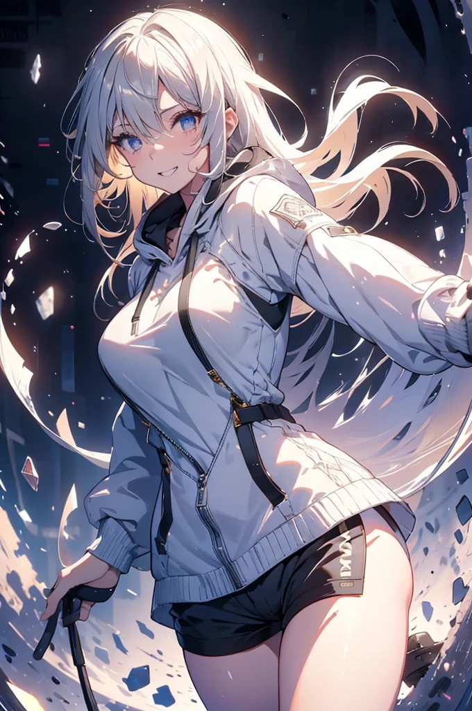 Concept Art, white Background, simple Background, White hair, Silver gradient hair , Composite cloth, Virtual YouTuber, best quality, masterpiece, Dynamic Angle, , cowboy_shooting, Watching_Back, grab, girl,Miss,woman, young,20 years old, , Hair Flip, Silver Hair, Flowing hair, Ahog, giggle, Beautiful and delicate golden eyes, teeth, Large Breasts, Blonde eyes, White skin, hoodie, Black_shorts, Gray clothes, transparent_Background, Backlighting, absurd, high resolution, Extremely detailed,sweater,Smile
