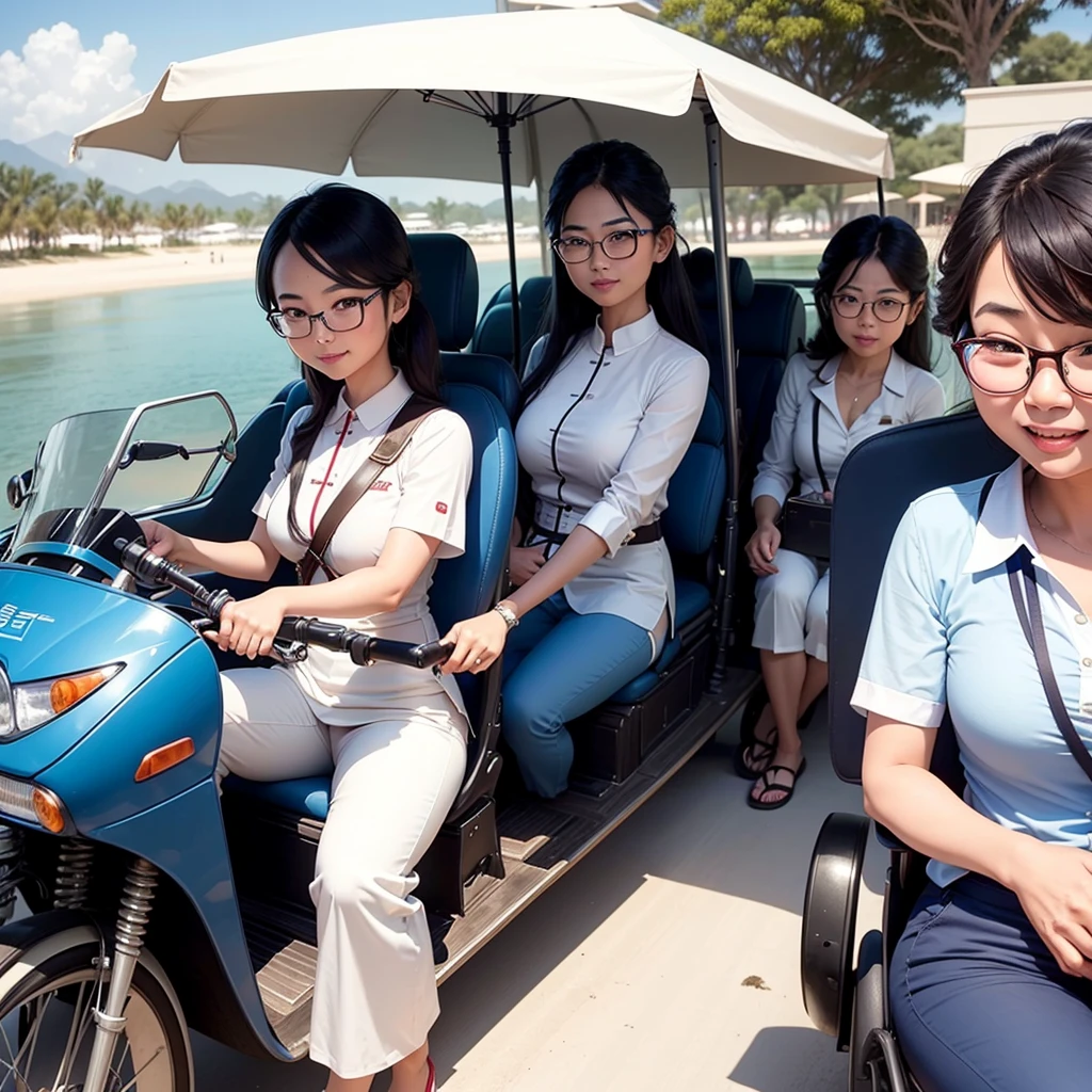 A cute Thai round-faced Asian woman wearing glasses and a white hotel staff uniform with blue long pants is driving a hotel buggy,six beautiful Arab women seated on buggy,Seaview,background,friendship ,happy,smile,they sit together,vacation,hotel,golf car