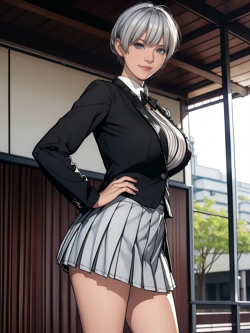 (White long sleeve collared shirt:1.1), (Huge breasts:1.2), Modern Japan, School rooftop, smile, (Very short pleated mini skirt:1.4), Knee, Thighs, , (Black blazer:1.3), Short Hair, (miyabi_face:1.2), Short Hair,, Silver Hair