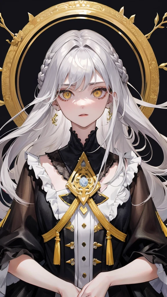  Masterpiece, Highest quality, silver hair, yellow eyes, parted 前hair, ((24 year old teenager)), 1girl, Medium bust, half-body, length_serrated_tangle_hair, serrated_前hair, earring, simple dark clothes, half_body_portrait photography, alone, 1_girl, alone, half body, Cold eyes