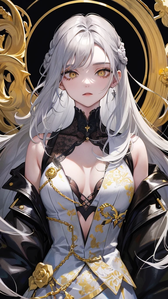 Brunette girl with white hair, yellow eyes, wearing a black outfit