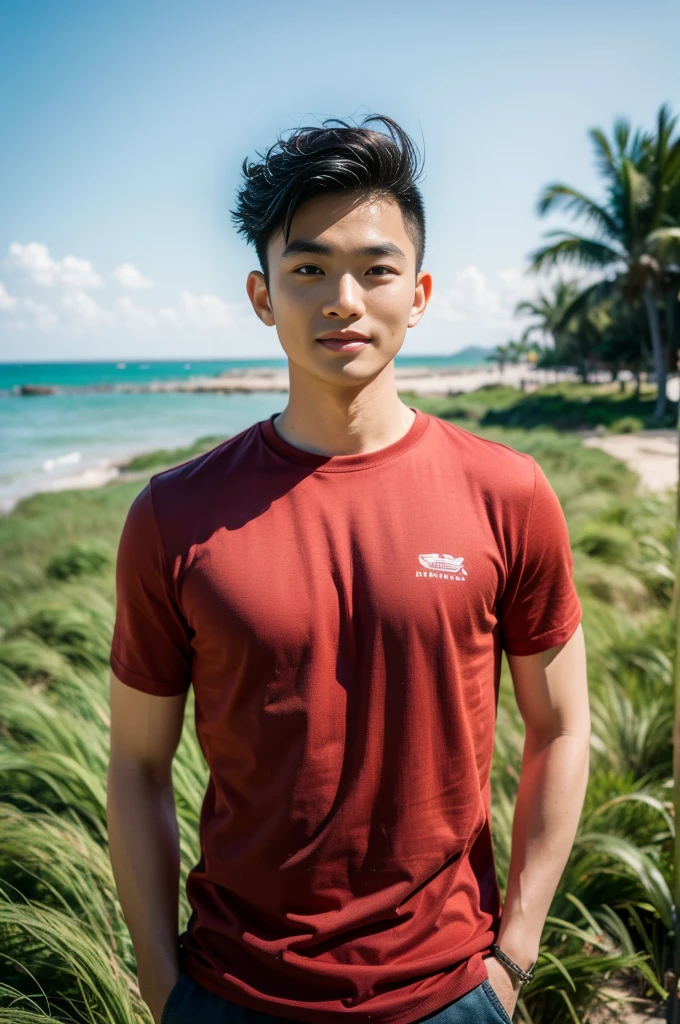 A handsome, muscular young Asian man looks at the camera. In a plain red t-shirt, Fieldside, grass, beach, sunlight