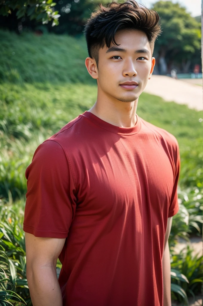 A handsome, muscular young Asian man looks at the camera. In a plain red t-shirt, Fieldside, grass, beach, sunlight