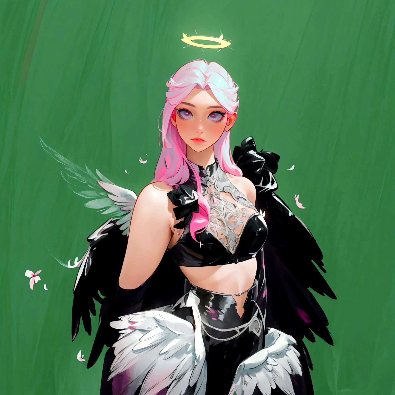 (masterpiece, top quality, best quality, official art, beautiful and aesthetic:1.2), cgi, unreal engine, hdr, 1girl, ((oni horns)), forest, mountains, ((((black feathered wings))), ((black tank top, purple skirt)), (((pink hair))), blonde hair, (detailed eyes, glowing eyes, purple eyes), hair between eyes, elf ears, ((freckles,)) choker, blush, happy, parted lips