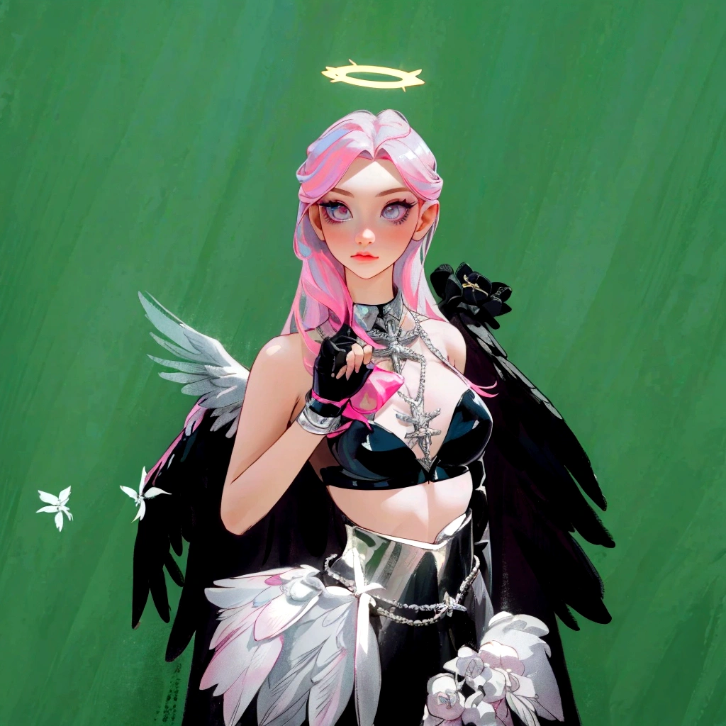 there is a woman with pink hair and angel wings posing, wearing angel halo, young wan angel, full - body majestic angel, wearing angel, villainess has black angel wings, angelic halo, angel halo, angel knight girl, as a mystical valkyrie, of an beautiful angel girl, kda, epic angel wings, npc with a saint's halo, angel knight gothic girl