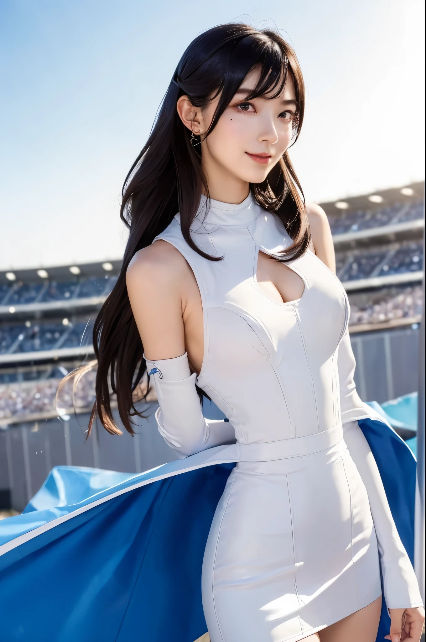 ((Medium Long Hair:1.3)), ((straight legs:1.3)),(Mole under the corner of the right eye:1.2),8K, Tabletop, RAW Photos, Highest quality, Very detailedな CG Unity 8K 壁紙, Written boundary depth, Natural light, Lens flare, Ray Tracing, (Very beautiful face, Beautiful Lips, Beautiful Eyes), Exquisitely detailed face, ((Very detailedな肌)) One Girl, Cute Korean Girl, K-POPアイドル, ((1 Girl)), (Very slim and slender fit muscular body:1.3), ((The whole body is facing upwards:1.3)),((View your audience)),(A shy smile:1.3), Clear Eyes, (Pale skin), (Big eyes),(Black Hair),, ((Her cleavage is visible:1.3)),Open chest, Very slim, Medium Chest, in front of the eyebrows, Thick thighs,D cup breasts,Highest quality, Highest quality, 16K, Unbelievably absurd, Very detailed, 2.5D, delicate and dynamic, blue sky, Confetti, Racing Car, flag, Very delicate facial expressions, Delicate eye depiction, Very fine hair,erotic, Sexy Woman, Healthy body shape, Race Queen, Large, firm, swaying bust, Sexy long legs, Glowing Skin, , ((派手なRace Queenのコスチューム, Blue tight skirt, White Leather Long Boots, Formula 1, 自動車Racetrack、Audience seats、Stadium、A blue sports car is parked in the background、Racetrack))、Racing Car、Embellished bodysuit、Lined bodysuit、Plaid、looking at the camera、Hair blowing in the wind