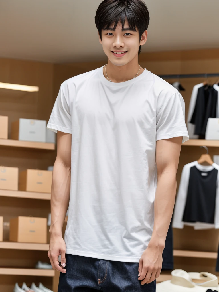 独奏: 1.5, (As a matter of fact, Masterpiece, 8k HD, good light quality, sportswear, fit the face, complicated details), A handsome Korean young man with muscular arms. , 20 years old, be happy, smile brightly, detailed face, delicate eyes, look at the sky, Wear a tight white t-shirt.:1.6 ,Wear a denim coat., jeans period, black eyes, Black hair color, ผมsmooth, smooth,Surreal,Awesome details,Highest quality,real,Open your mouth to talk. , Close your eyes., (standing in department store:1.5)