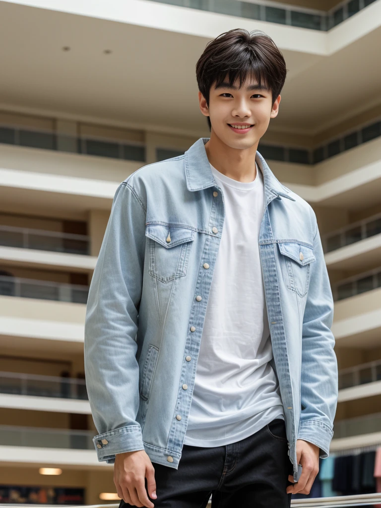 独奏: 1.5, (As a matter of fact, Masterpiece, 8k HD, good light quality, sportswear, fit the face, complicated details), A handsome Korean young man with muscular arms. , 20 years old, be happy, smile brightly, detailed face, delicate eyes, look at the sky, Wear a tight white t-shirt.:1.6 ,Wear a denim coat., jeans period, black eyes, Black hair color, ผมsmooth, smooth,Surreal,Awesome details,Highest quality,real,Open your mouth to talk. , Close your eyes., (standing in department store:1.5)