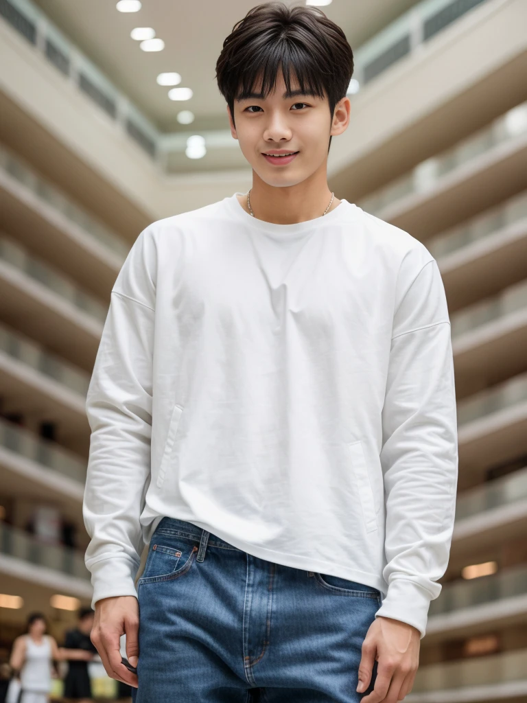 独奏: 1.5, (As a matter of fact, Masterpiece, 8k HD, good light quality, sportswear, fit the face, complicated details), A handsome Korean young man with muscular arms. , 20 years old, be happy, smile brightly, detailed face, delicate eyes, look at the sky, Wear a tight white t-shirt.:1.6 ,Wear a denim coat., jeans period, black eyes, Black hair color, ผมsmooth, smooth，Surreal，Awesome details，Highest quality，real，Open your mouth to talk. , Close your eyes., (standing in department store:1.5)