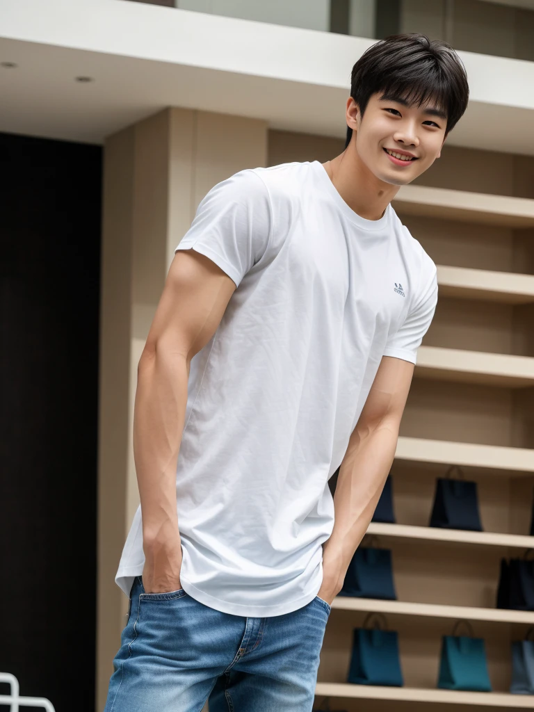 独奏: 1.5, (As a matter of fact, Masterpiece, 8k HD, good light quality, sportswear, fit the face, complicated details), A handsome Korean young man with muscular arms. , 20 years old, be happy, smile brightly, detailed face, delicate eyes, look at the sky, Wear a tight white t-shirt.:1.6 ,Wear a denim coat., jeans period, black eyes, Black hair color, ผมsmooth, smooth，Surreal，Awesome details，Highest quality，real，Open your mouth to talk. , Close your eyes., (standing in department store:1.5)