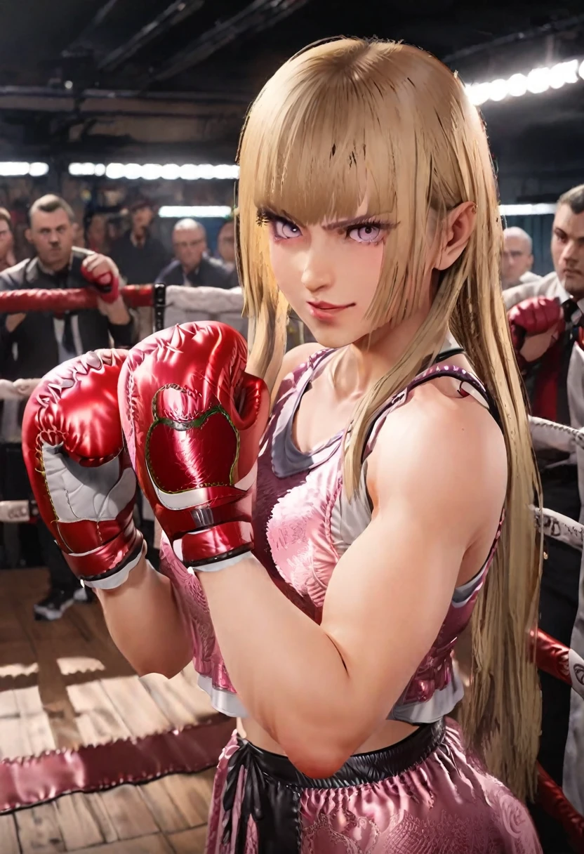 Woman boxer, handsome face, sports bra, boxing gloves, toned, boxing stance,longb black pants, looking at viewer