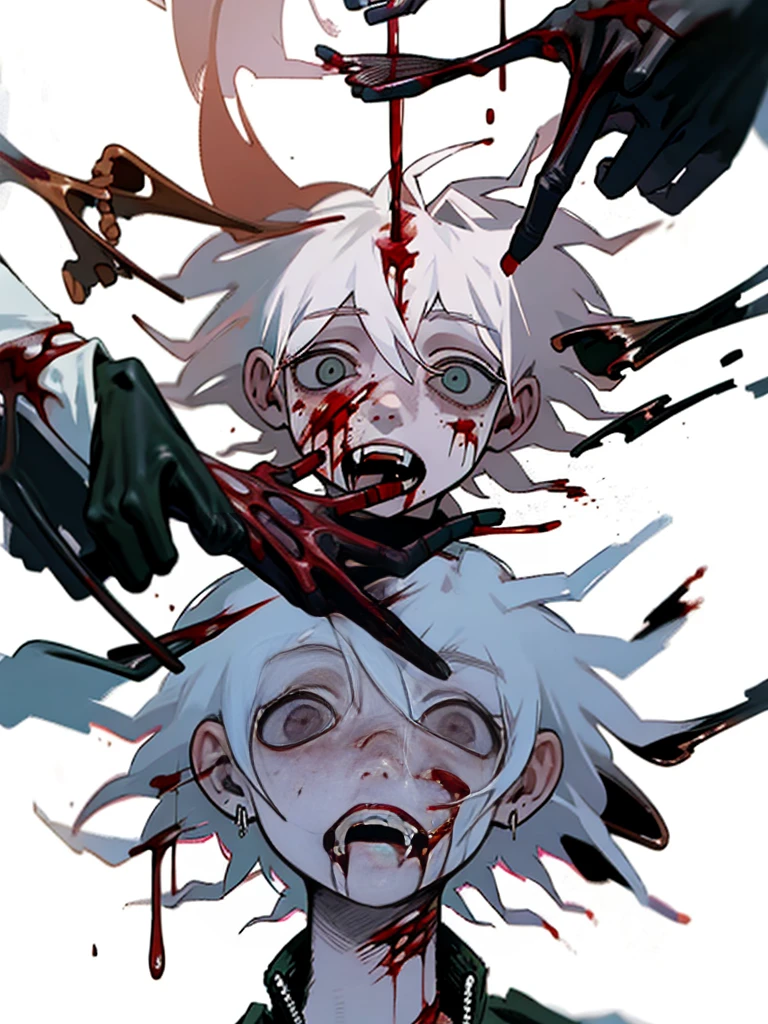 anime character with Blood dripping down his face and hands, gapmoe sick, gapmoe sick grimdark, sick, portrait gapmoe sick grimdark, danganronpa digital art, his eyes are, Bloody + concept art, Komaeda Nagito, guweiz, Kaneki Ken, [[Blood]], insane