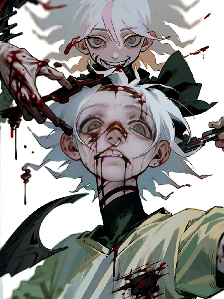 anime character with Blood dripping down his face and hands, gapmoe sick, gapmoe sick grimdark, sick, portrait gapmoe sick grimdark, danganronpa digital art, his eyes are, Bloody + concept art, Komaeda Nagito, guweiz, Kaneki Ken, [[Blood]], insane