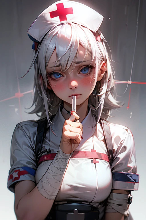 1 Girl, alone, bandage, cross bandage, white hair, blue eyes, shy, nurse cap, nurse uniform, Cross decoration, nurse, Tsundere face, syringe, medicine, white, (Realistic:1.3)