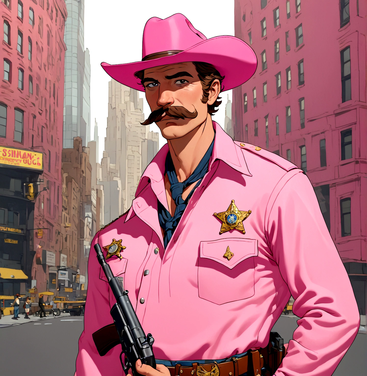 Scruffy, Gary Mustache, Pink Cowboy Hat, Cowboy uniform, holding Machinegun, New York City 