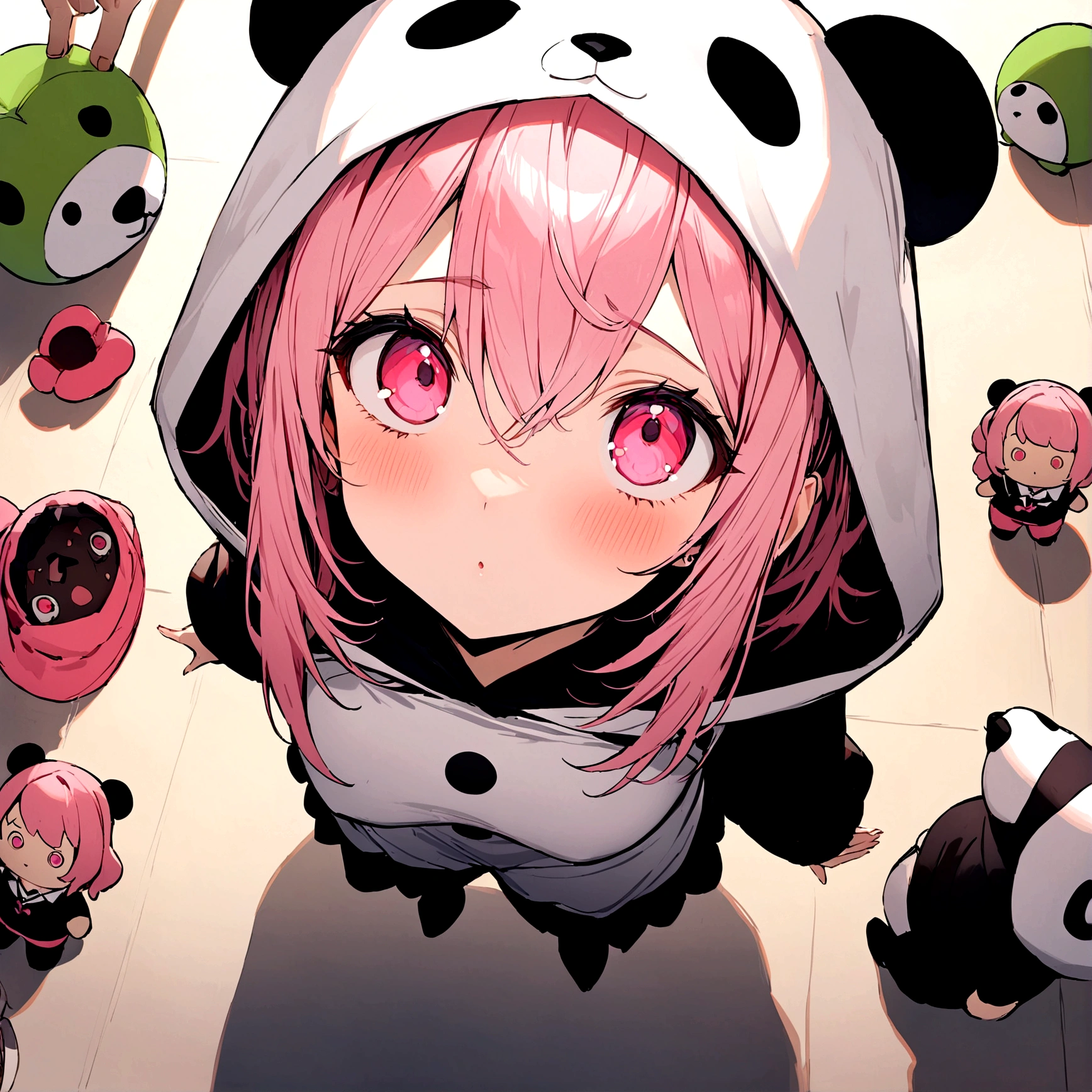 masterpiece, Highest quality,One Girl,Pink Hair,Pink Eyes,Very detailed,a bit,Panda Ten-Eyed Costume,Looking up at the audience,stuffed toy ,UFO catcher seen from above, Character Doll,