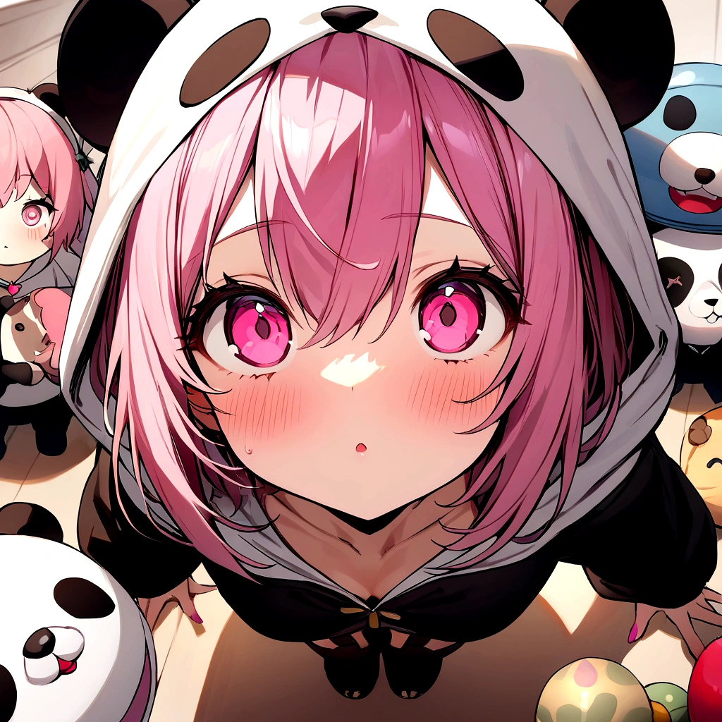 masterpiece, Highest quality,One Girl,Pink Hair,Pink Eyes,Very detailed,a bit,Panda Ten-Eyed Costume,Looking up at the audience,stuffed toy ,UFO catcher seen from above, Character Doll,