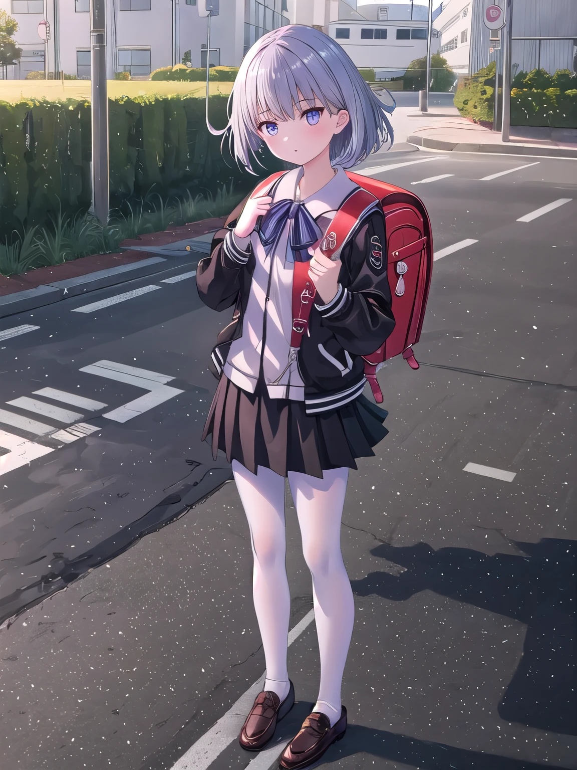 Masterpiec, hd, 1girl, solo, black_jacket, black_skirt, shoes, white pantyhose, brown_footwear, full_body, bag, long_sleeves, jacket, skirt, looking_at_viewer, black_pantyhose,  red_backpack, loafers, gridman_universe,best quality,amazing quality,very aesthetic,absurdres,outdoor