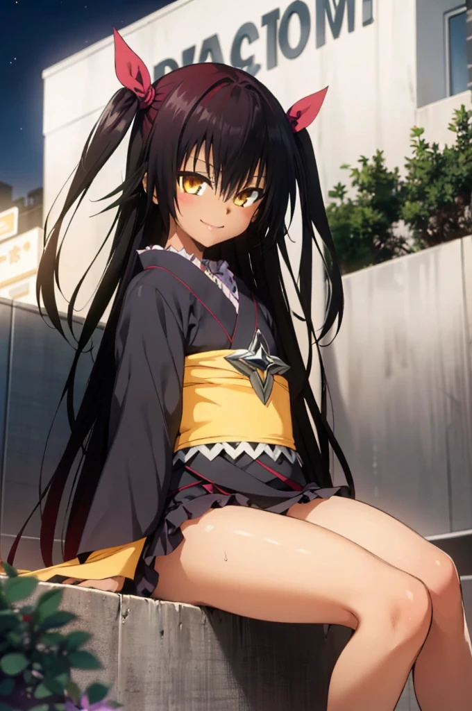 1girl, aster nemesis, dark-skinned female, black hair, very long hair, yellow eyes, flat chest kimono, obi, ribbon, twin tails, looking at viewer, outdoors, city, night, smile, ,sitting on ground,,(nsfw),***,bare legs