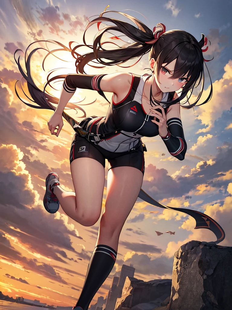 masterpiece, Highest quality, Running, Full-body wide-angle, Serious expression, You&#39;re Sky \(umamusume\), White Skirt, Pleated skirt, barefoot, (((Sleeveless))), Black Bow, Flowing Grass,