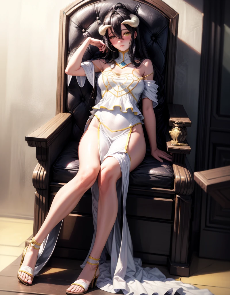 realistic, 1girl, black hair, yellow eyes, long split thigh formal white dress, white heels, horns, blush, background grand throne room