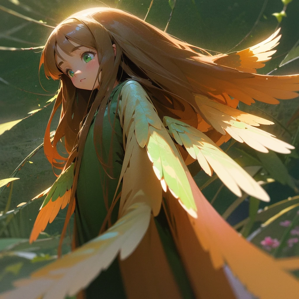 brown hair, long hair, straight hair, kawaii, anime, Cute, hyper quality, highly detailed, full body, 16k, green eyes, wings on the back of body, one girl, nature background, light effects, one brown bird, highlight, flower garden, garden, Front facing, City of Water, Kiwi fruit