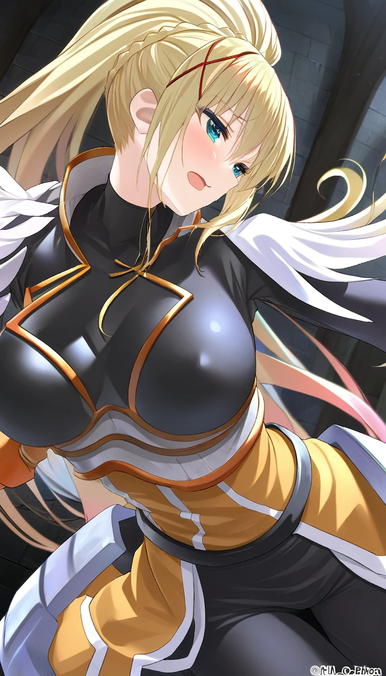 best quality, super fine, 16k, incredibly absurdres, extremely detailed, 2.5D, delicate and dynamic depiction, Anime KonoSuba: God's Blessing on this Wonderful World!, Character, Darkness, wearing black tight high-neck long-sleeved knit shirt, the upper half of the body is bare of armor, iridescent shiny black marble mansion room