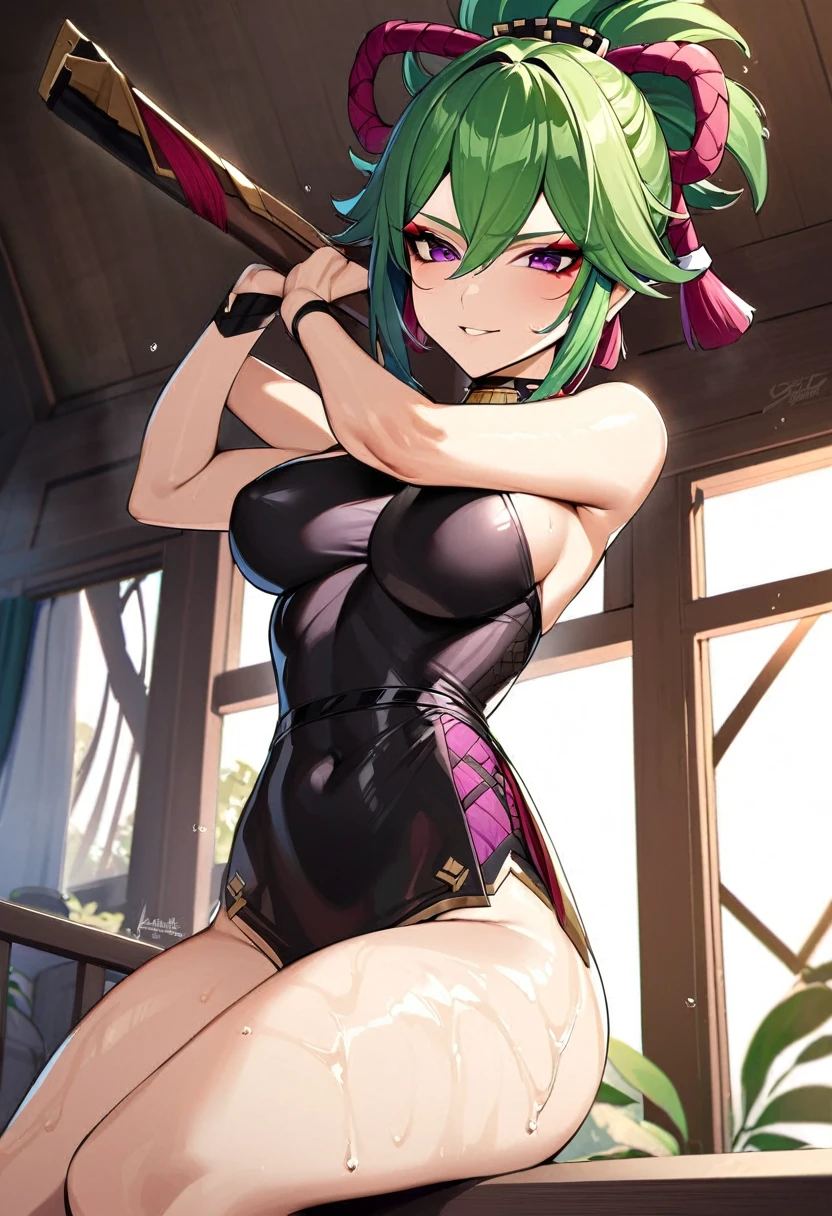 Masterpiece, kuki shinobu, dark green hair, genshin impact, Hot, busty, medium breasts, home, posing, thighs, sexy, wet, 