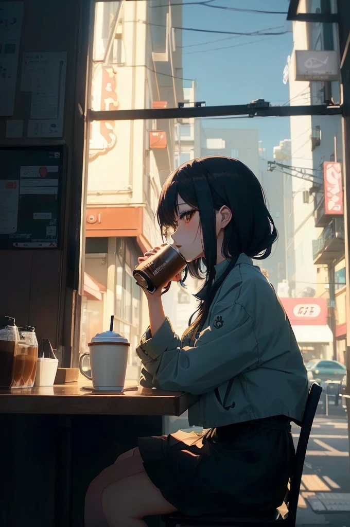 Anime girl drinking coffee in a cafe with city view, Mysterious Coffee Shop Girl, Lo-fi Girl, Gweiz-style artwork, Anime girl drinking energy drink, Anime Art Wallpapers 8K, Portrait of Rofi, Anime Style 4k, Sitting alone in a café, anime art wallpaper 4k, anime art wallpaper 4k, Anime-style illustrations