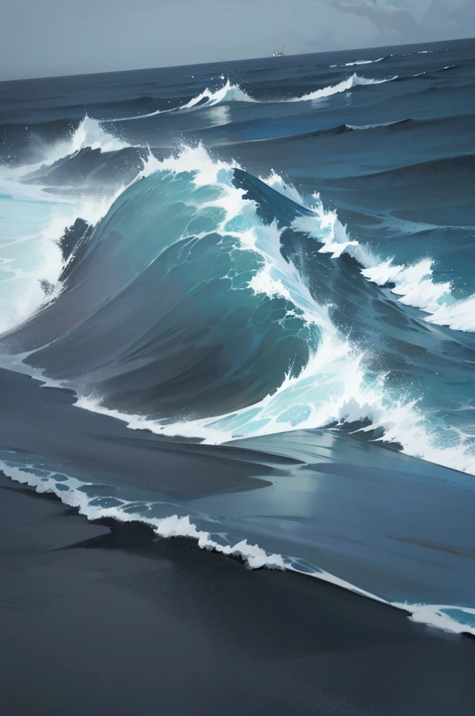Draw a dark sea with a storm and waves with foam