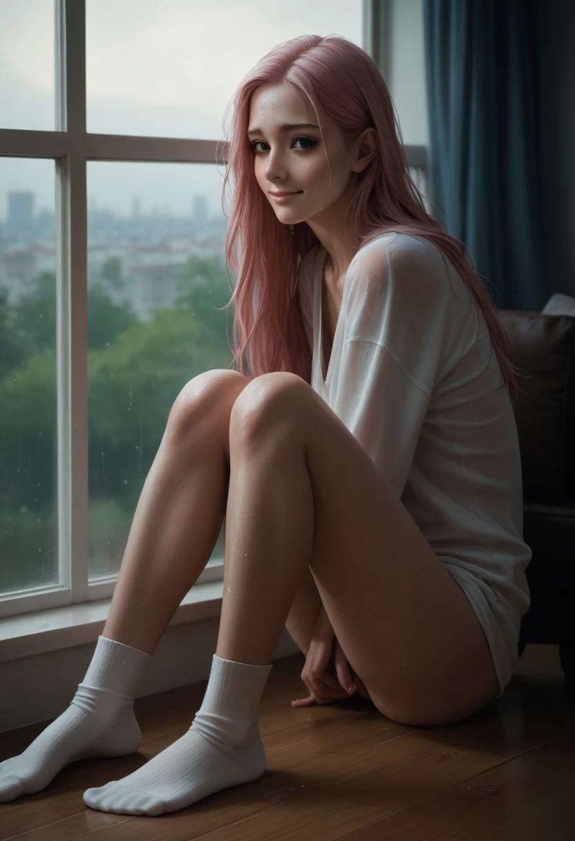 masterpiece, newest,
Highly detailed, 1girl, slender, shy smile, sweating, sitting, arms at sides,long legs, long hair,blue hair, pink hair, no shoes,socks, beautiful black eyes, sagging clothes, realistic, windows,wet skin:0, red mask