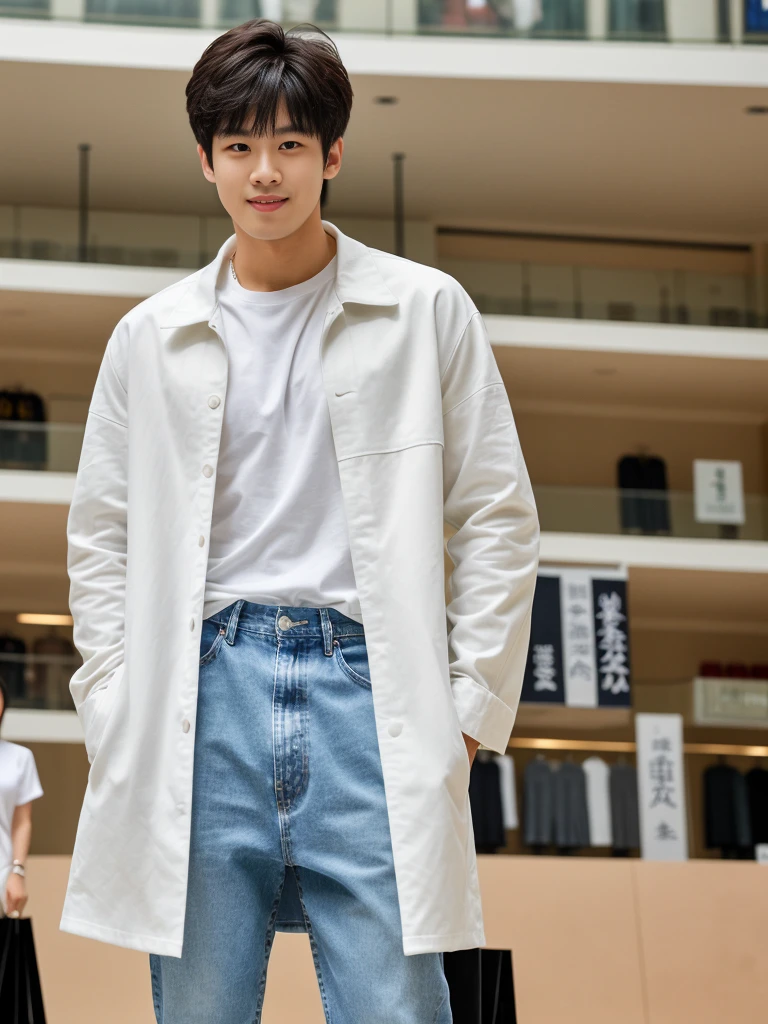 独奏: 1.5, (As a matter of fact, Masterpiece, 8k HD, good light quality, sportswear, fit the face, complicated details), A handsome Korean young man with muscular arms. , 20 years old, be happy, smile brightly, detailed face, delicate eyes, look at the sky, Wear a tight white t-shirt.:1.6 ,Wear a denim coat., jeans period, black eyes, Black hair color, ผมsmooth, smooth,Surreal,Awesome details,Highest quality,real,Open your mouth to talk. , Close your eyes., (standing in department store:1.5)