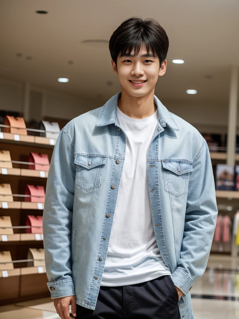 独奏: 1.5, (As a matter of fact, Masterpiece, 8k HD, good light quality, sportswear, fit the face, complicated details), A handsome Korean young man with muscular arms. , 20 years old, be happy, smile brightly, detailed face, delicate eyes, look at the sky, Wear a tight white t-shirt.:1.6 ,Wear a denim coat., jeans period, black eyes, Black hair color, ผมsmooth, smooth，Surreal，Awesome details，Highest quality，real，Open your mouth to talk. , Close your eyes., (standing in department store:1.5)