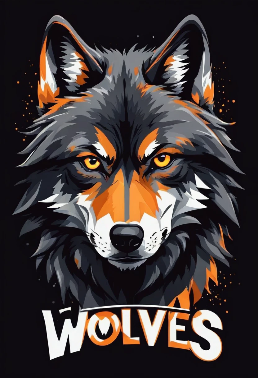 Design de camiseta de wolves, text logo: wolves, flat-colors, black backdrop,