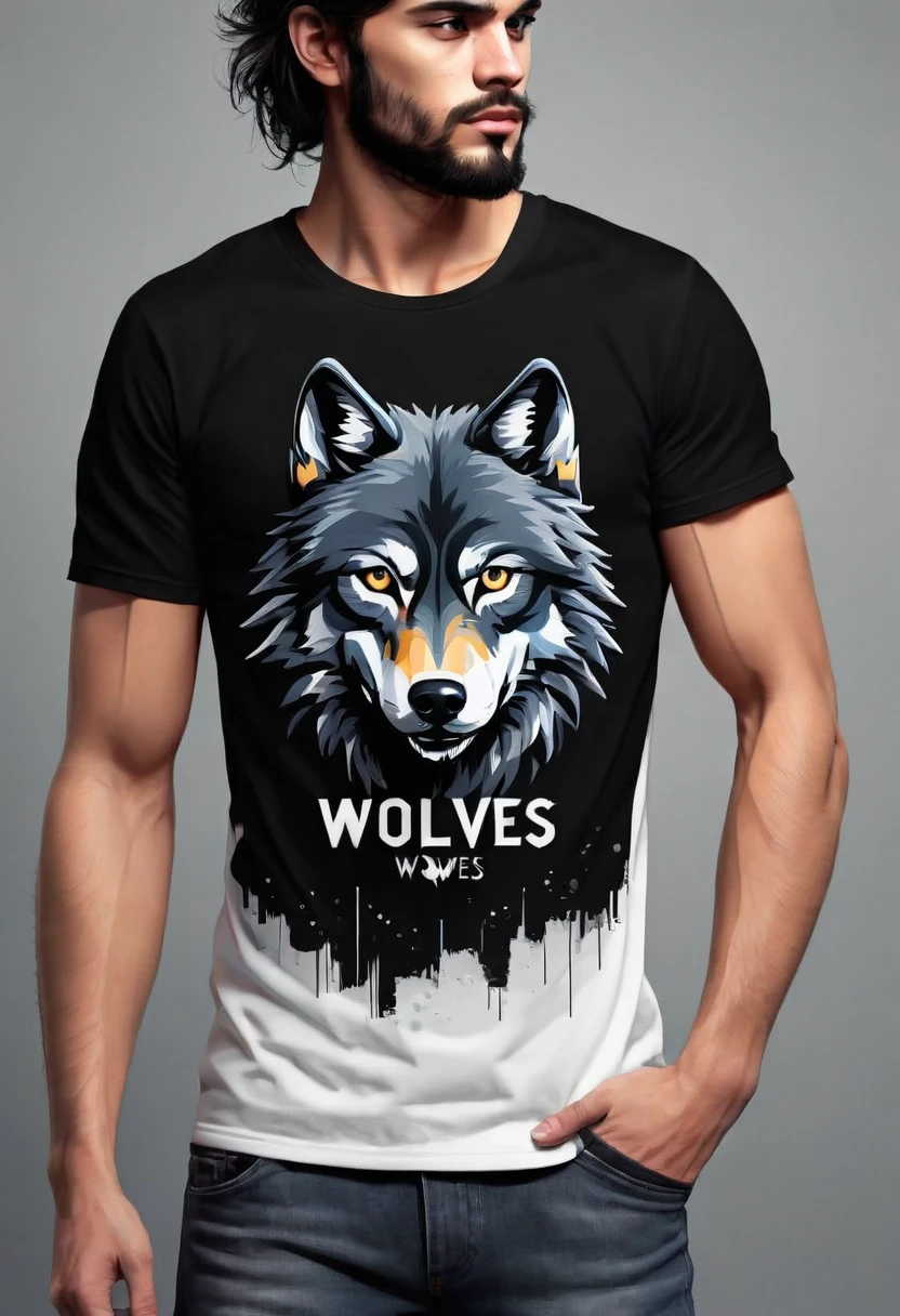 Design de camiseta de wolves, text logo: wolves, flat-colors, black backdrop,
