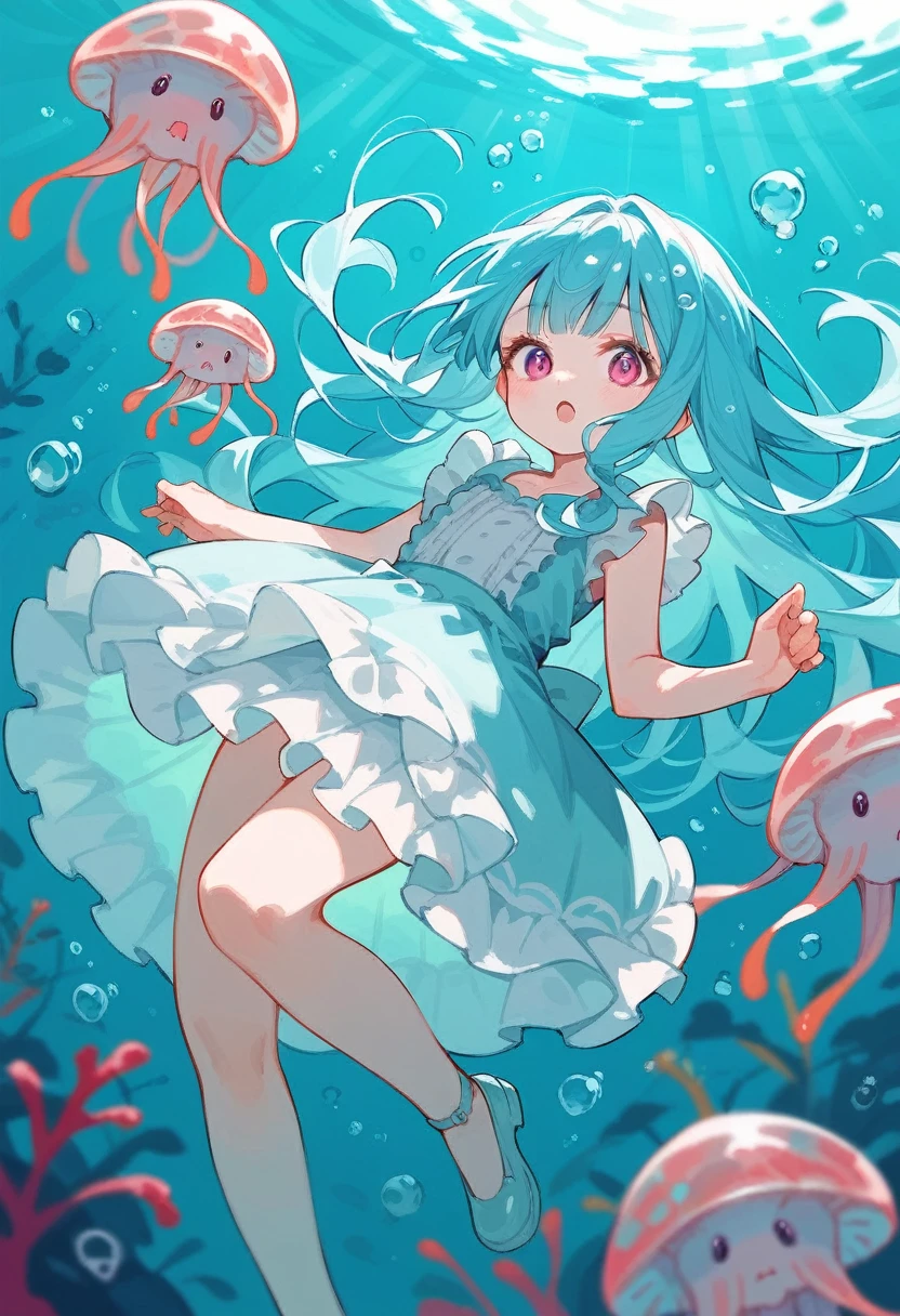 Cute girl in frilly dress with jellyfish underwater