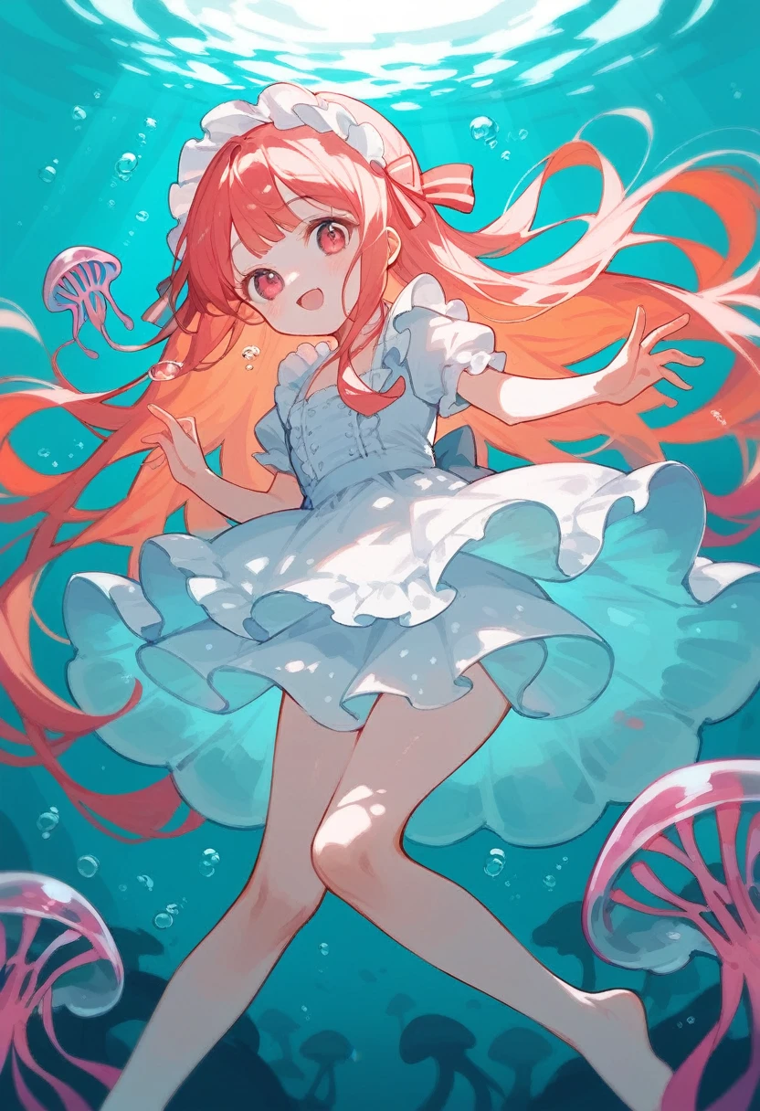 Cute girl in frilly dress with jellyfish underwater