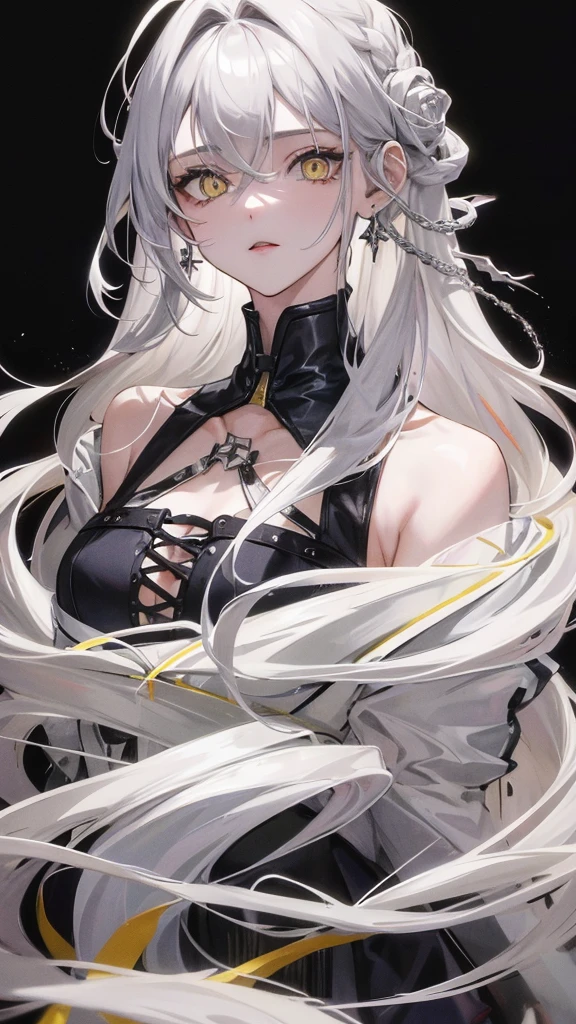 Masterpiece, Highest quality, silver hair, yellow eyes, parted 前hair, ((24 year old ager)), 1girl, Medium bust, half-body, length_serrated_tangle_hair, serrated_前hair, earring, Simple dark colored clothes, half_body_portrait photography, alone, 1_girl, alone, half body, Cold eyes,beautiful eyes