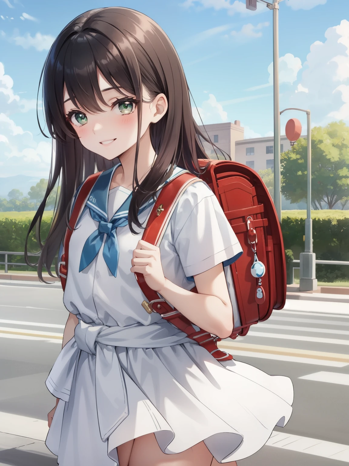 Masterpiece, hd, Brown, high school student, green eyes, long hair to the waist, , white clothes, white miniskirt, kind smile, park, short, 20 years old, 160 cm tall, blue sky, red backpack, hair hanging outside