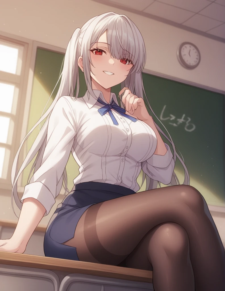 1girl, solo, long hair, breasts, looking at viewer, blush, smile, bangs, skirt, large breasts, shirt, red eyes, long sleeves, ribbon, twintails, medium breasts, sitting, white shirt, white hair, pantyhose, parted lips, day, collared shirt, indoors, hand up, black skirt, hair over one eye, grin, blue skirt, black pantyhose, window, dress shirt, neck ribbon, low twintails, from below, crossed legs, blue ribbon, desk, pencil skirt, thighband pantyhose, classroom, chalkboard, on desk, sitting on desk