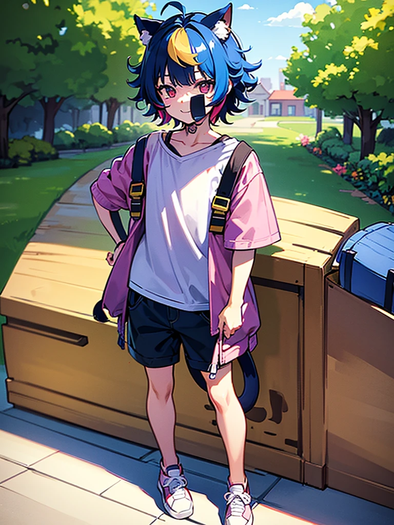 1boy, cat boy, (two tails, blue tails, fluffy tail), solo, short hair, curly hair, brown hair, long bangs, multicolored bangs, (green hair, blue hair, purple hair, red hair, pink hair, blonde bangs), multicolored eyes, (red eyes, yellow eyes), simple shirt, purple shirt, heart shirt, denim jacket, open jacket, denim shorts, white sneakers, candy stickers on jacket, holfing a sketchbook, showing off his sketch, looking at viewer, playful, cheerful, happy, masterpiece, best quality, ultra sharp, 8k, city, puffy clouds, standing, holding, holding something towards viewer, half body,