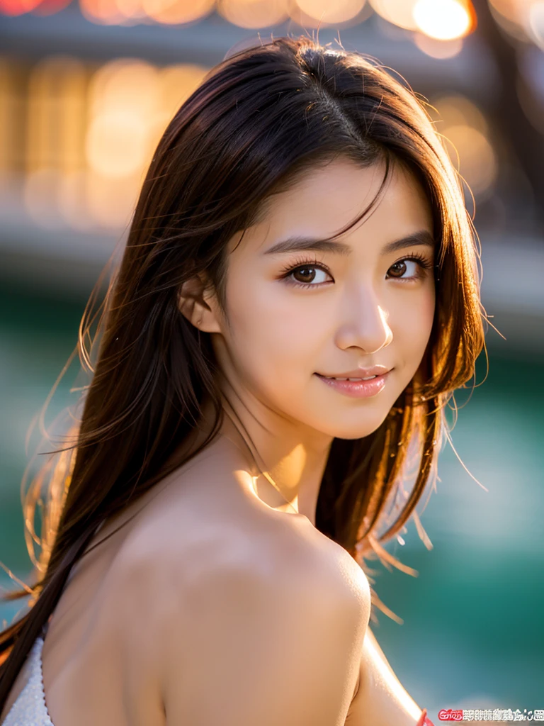 10 year old, Vermilion background, Waikiki Beach, Professional director, Professional Lighting, (Highest quality, 96k,masterpiece), Very beautiful face, Japanese Model, Big Breasts, clavicle,Money, Ultra HD, (Photorealistic:1.1), RAW Photo, One Girl, Beautiful eyes, Very big breasts and big eyes, Black brown hair, 虹柄Moneyビキニ, Are standing, Smile, Full body photo