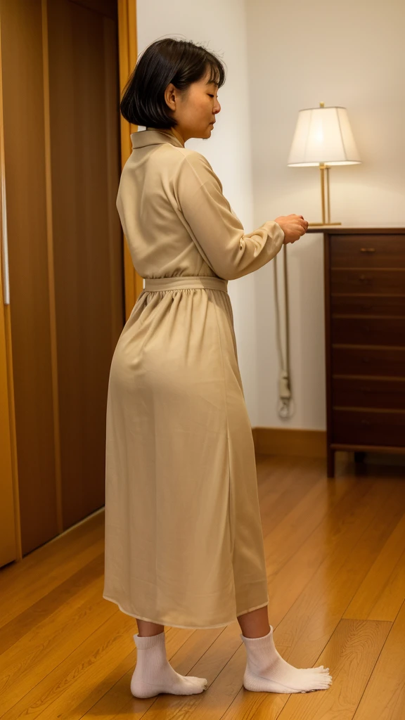 ((best quality)), ((masterpiece)), ((realistic)), 30-years-old, a Japanese woman, short girl, sweeping the floor, short black hair, mopping with bare hand, leap frog pose, on all fours, wearing transparent long sleeves beige Plizkated Suit dress, fitted dress,  long skirt, saggy breast, enormous hips, big ass, thick thight, housekeeping, side view