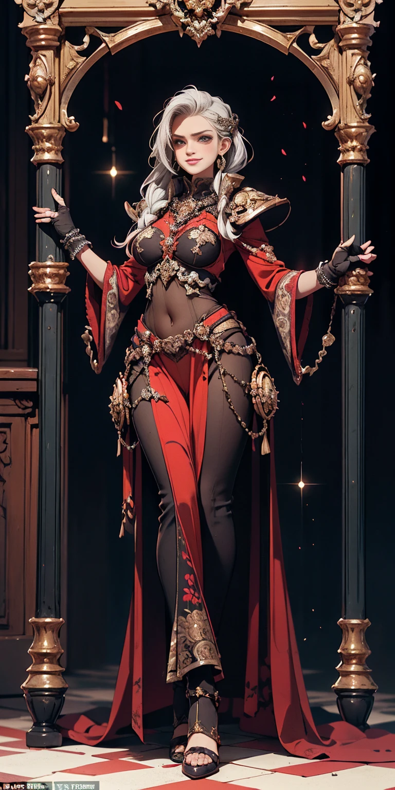 Setting: Royal bedroom - Grand, opulent, with rich fabrics and tapestries Character: Appearance: White hair - Short, styled in a sharp bob Full figure - Curvaceous Attire: High boots - Leather, reaching up the calves Elegant outfit - Befitting the royal setting (consider a dress, gown, or ensemble) Red tattoo - Delicate design on the navel Face - A confident smirk plays on her lips, eyes sparkling with amusement Pose: Full body - Standing tall Hands - Resting on hips in a commanding posture Additional details: (add to the background a four-poster bed, a plush rug, ornate furniture)