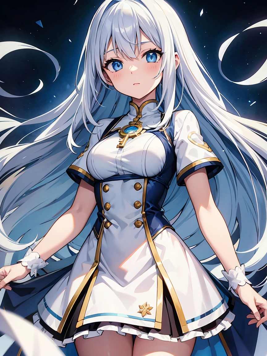 anime girl with long blue hair and blue eyes wearing blue cape and white shirt, azure blue eyes, white cyan, white hair deity, from arc knights, blue hair, shining blue eyes, blue eyes, detailed key animation art, anime portrait of cyrno, shining blue eyes, pixiv digital art, blue Girl with hair,animated standing portrait