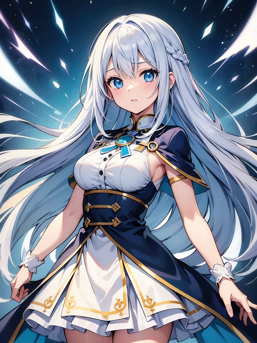 anime girl with long blue hair and blue eyes wearing blue cape and white shirt, azure blue eyes, white cyan, white hair deity, from arc knights, blue hair, shining blue eyes, blue eyes, detailed key animation art, anime portrait of cyrno, shining blue eyes, pixiv digital art, blue Girl with hair,animated standing portrait
